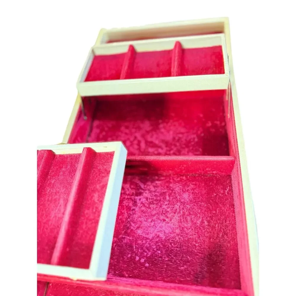 Vintage Ivory Jewelry Chest Red Velvet Mirror Locking 3 Drawer Jewelry Box Case